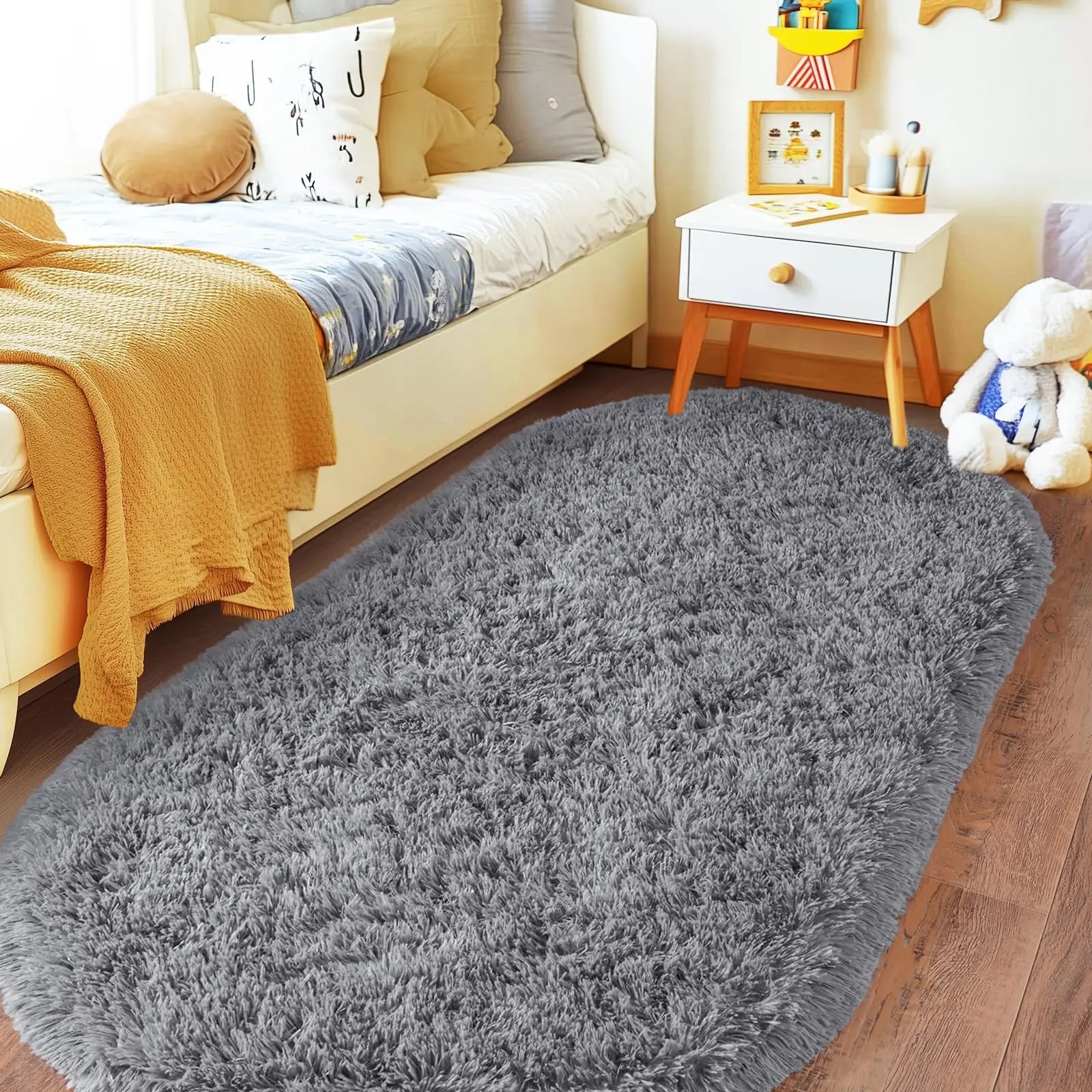 Tie Dye Light Gray Carpet Oval Fluffy Plush Bedside Mat Children's Bedroom Moisture-Proof Mat Living Room Home Decoration Rugs