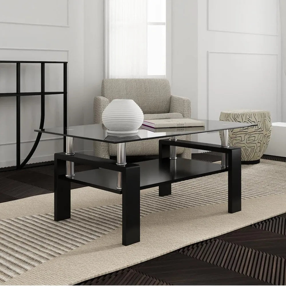 Clear Glass Coffee Table – All-Black Metal Tube Frame Center Table