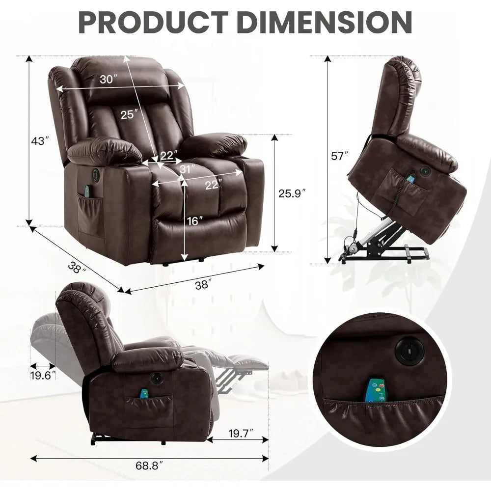 Power Lift Recliner Chair for Elderly with Massage and Heat, Breathable Leather Recliner Chair for Adults, 2 Cup Holder,USBPorts