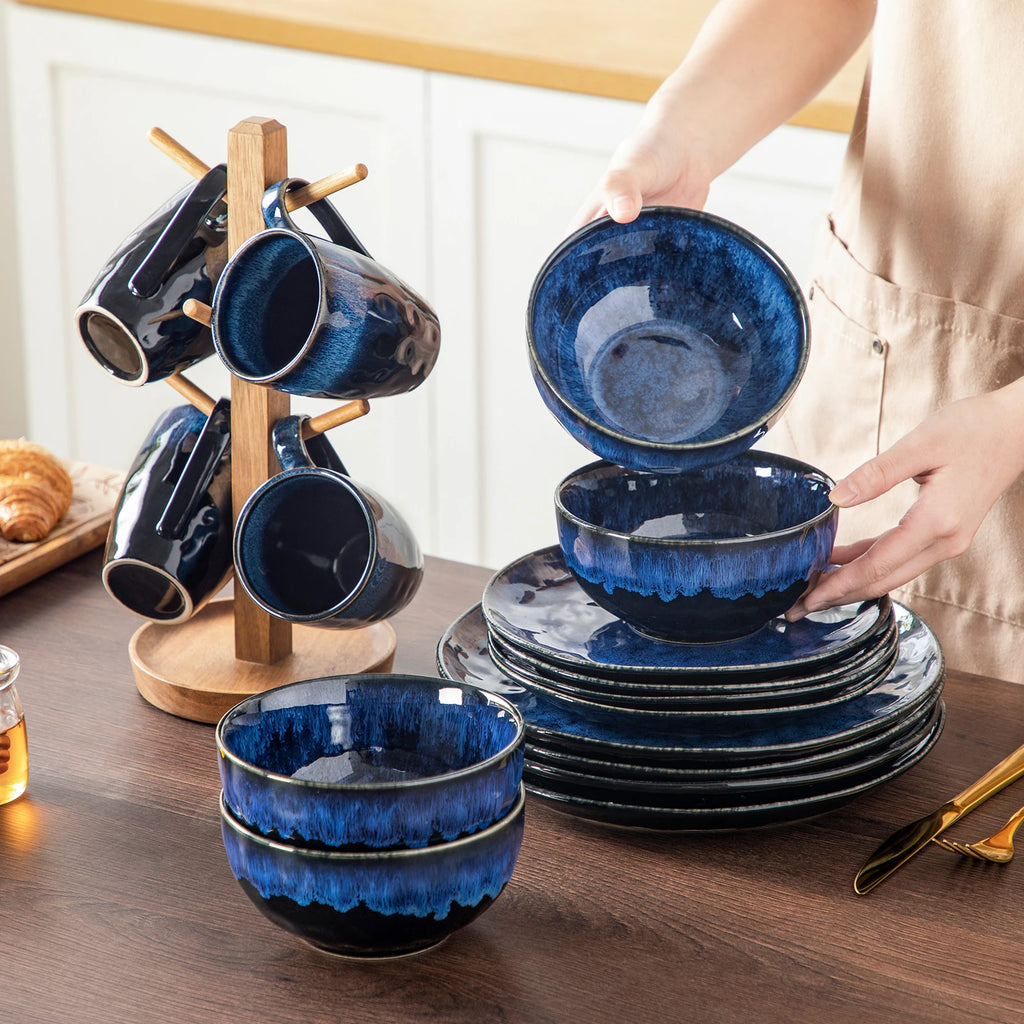 vancasso Starry Blue Reactive Glaze Dinnerware Set – 16, 32, or 48 Piece Ceramic Tableware Collection