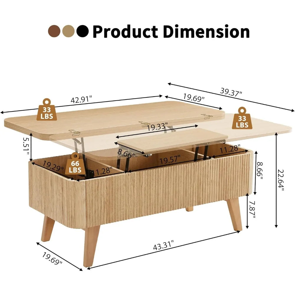 3 in 1 Lift Top Coffee Table, Fluted Convertible Coffee Tables Converts to Dining Tables, Modern Oval Wooden Center Table with S