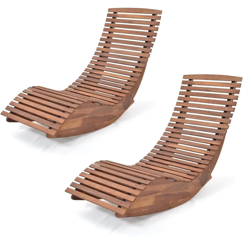 outdoor acacia wood rocking chair set of 2, porch rocker with widened slatted seat and high back, wooden rocking patio chair, o