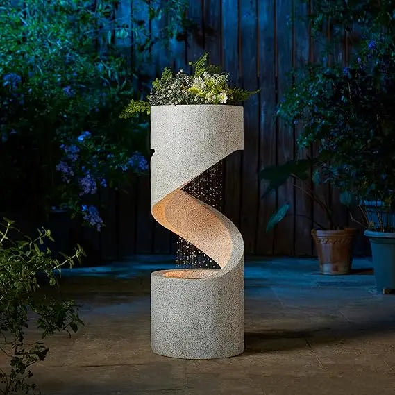 Tiered Outdoor Water Fountain with LED Lighting, Curved Stone Planter Faux Terrazzo Style