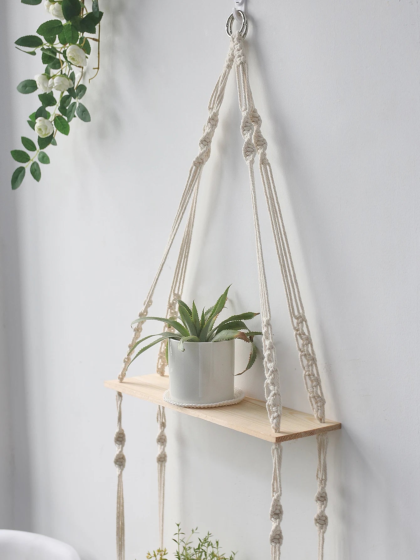 Wooden Wall Shelf Macrame Display Stand Boho Art Home Decoration Floating Shelf Nordic Wall Decor Living Room Nursery Aesthetics