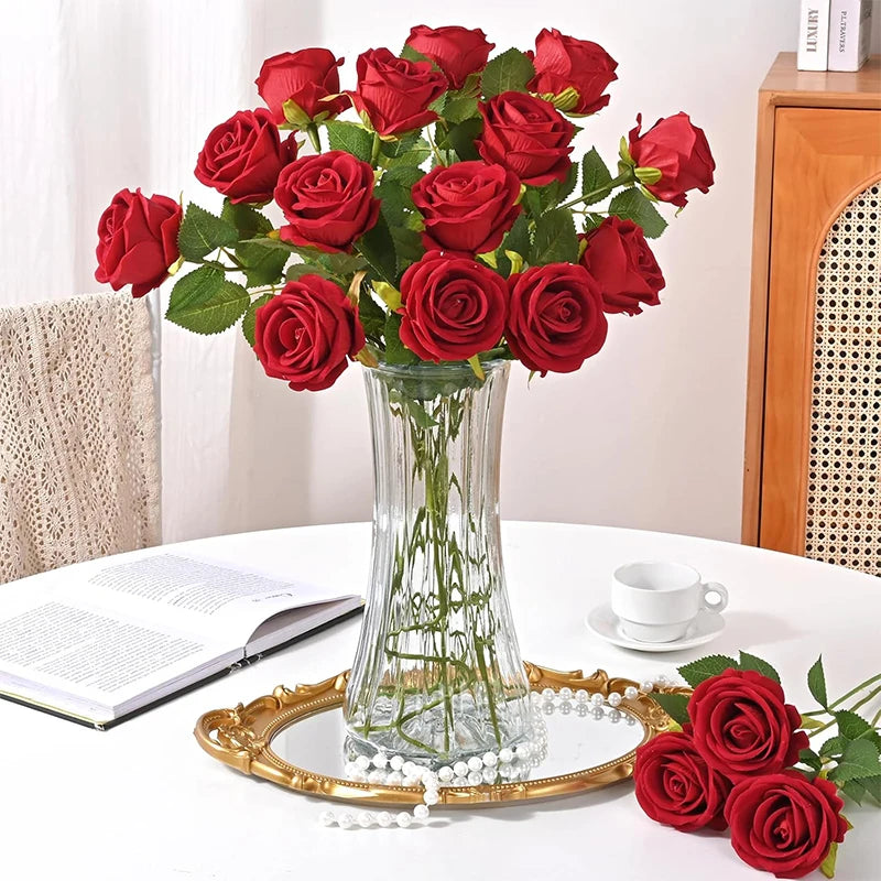 Red Roses Artificial Flowers Bulk Real Touch Velvet Roses Flowers for Wedding Centerpieces Bridal Bouquet Valentines Day Decor