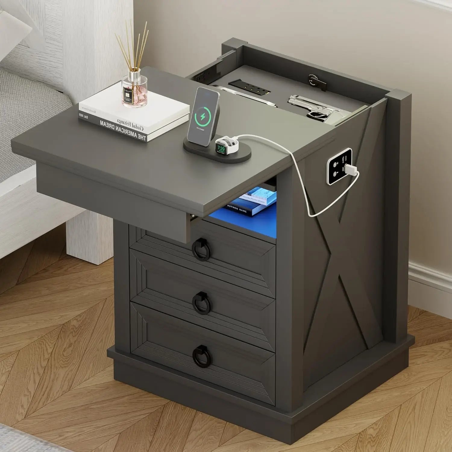 Farmhouse Nightstand with Gun Drawer | Human Sensor LED Bedside Table