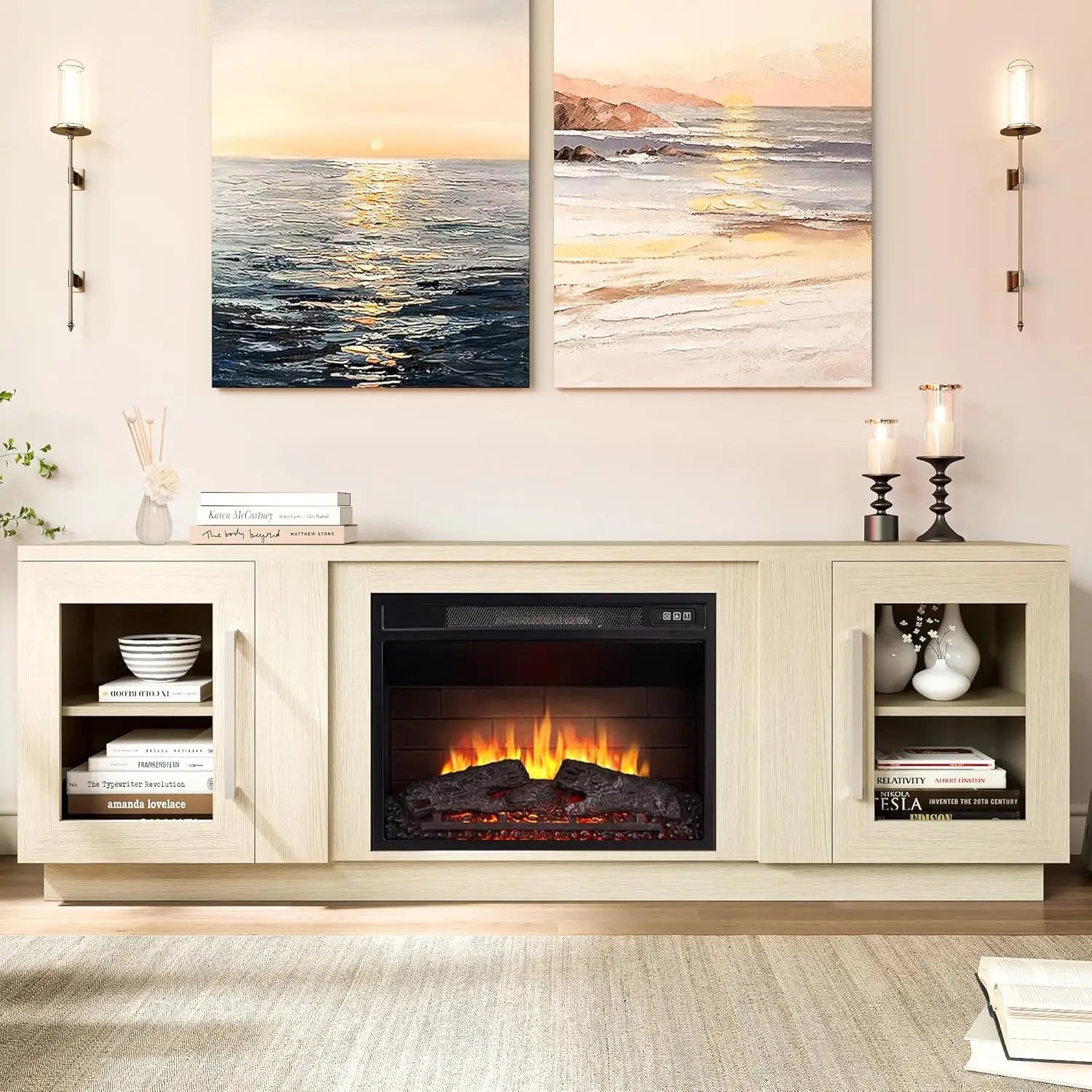 3D Fireplace TV Stand for TVs up to 80’’, Wooden Media Entertainment Center Table & TV Cabinets w/Storage Shelves & Barn Door