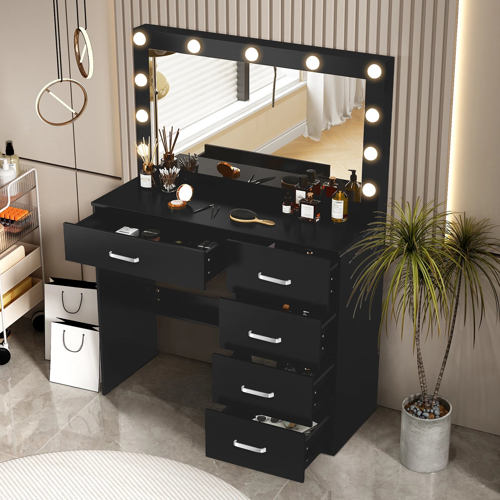 Black Vanity Dressing Table with Large Mirror 11 LED Lights Storage Drawers Bedroom Beauty Station for Women Girls Makeup Desk