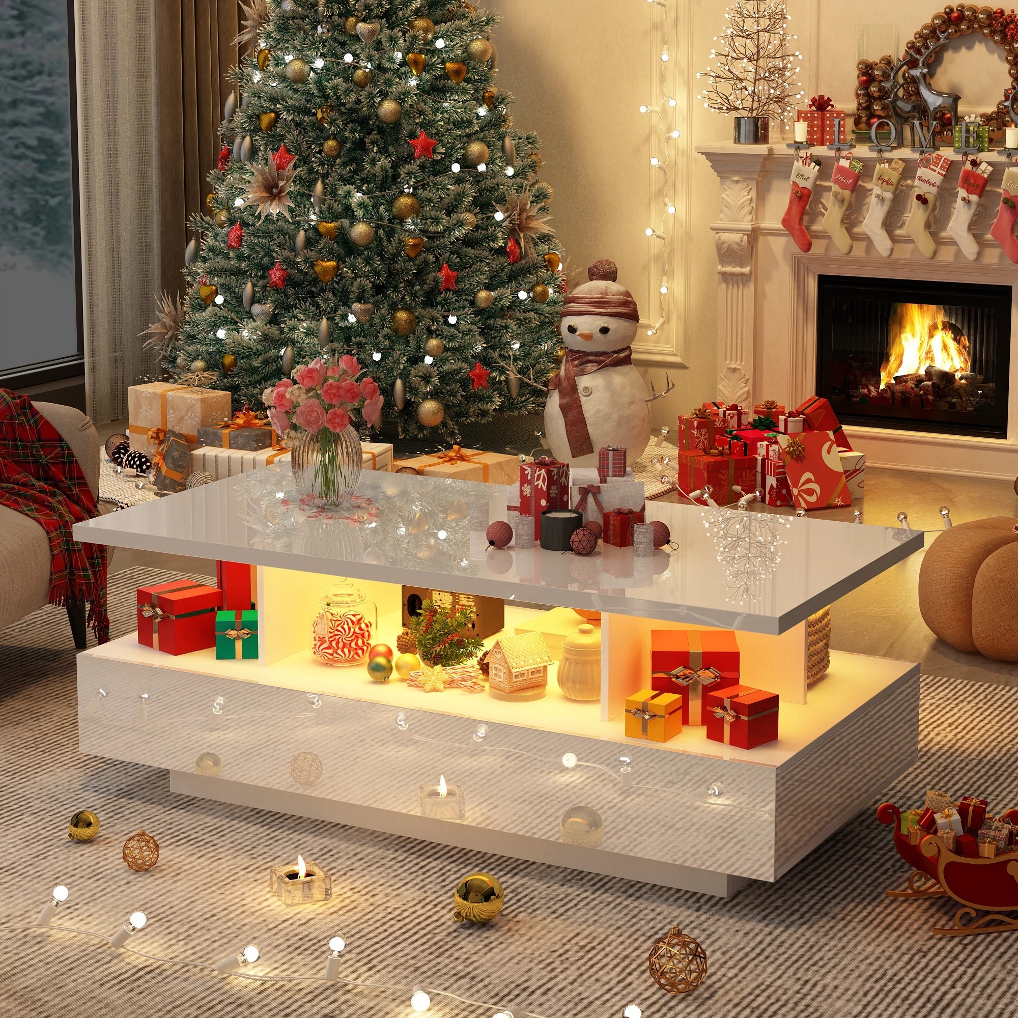 43” LED Coffee Table – Modern High-Gloss Rectangular Center Table with 2 Drawers & Display Shelf