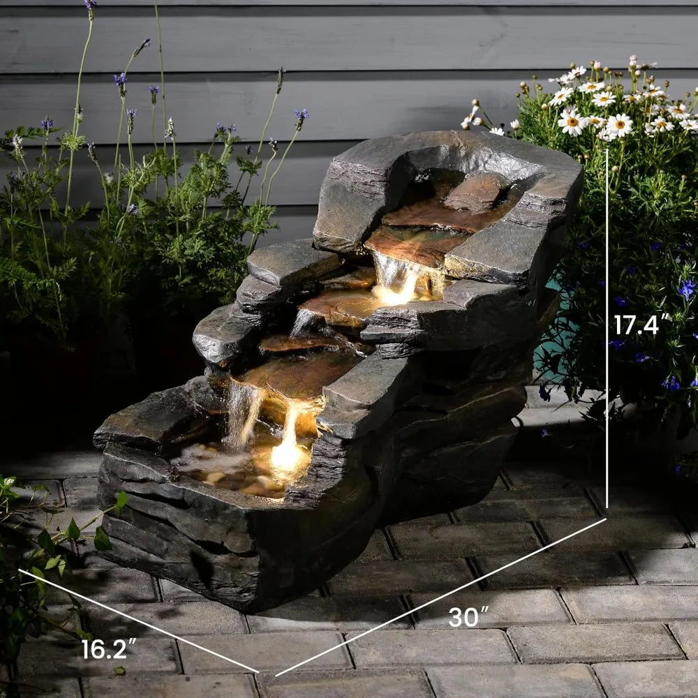 Outdoor Water Fountain 3-Tier Floor Standing Rainforest Rock River Natural Waterfall Fountains with LED Lights for Garden