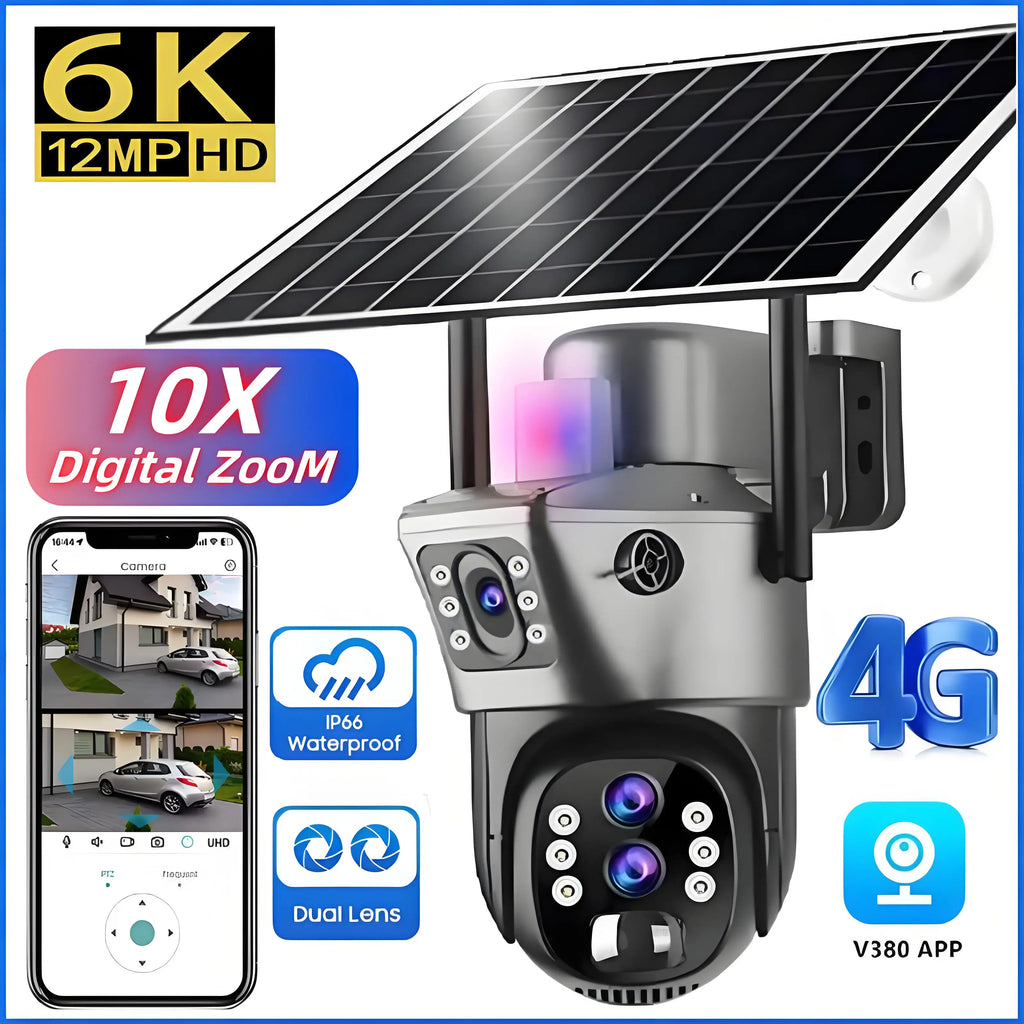 4G SIM Solar Security Camera – 12MP 6K Triple Lens PTZ (10× Zoom)