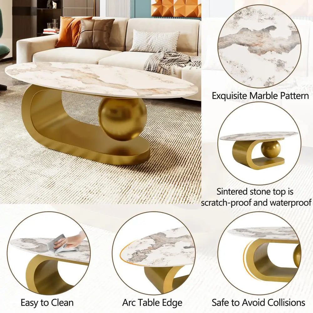 Modern Oval Sintered Stone Coffee Table with White Marble Pattern & Gold Stainless Steel Base – 47.2”