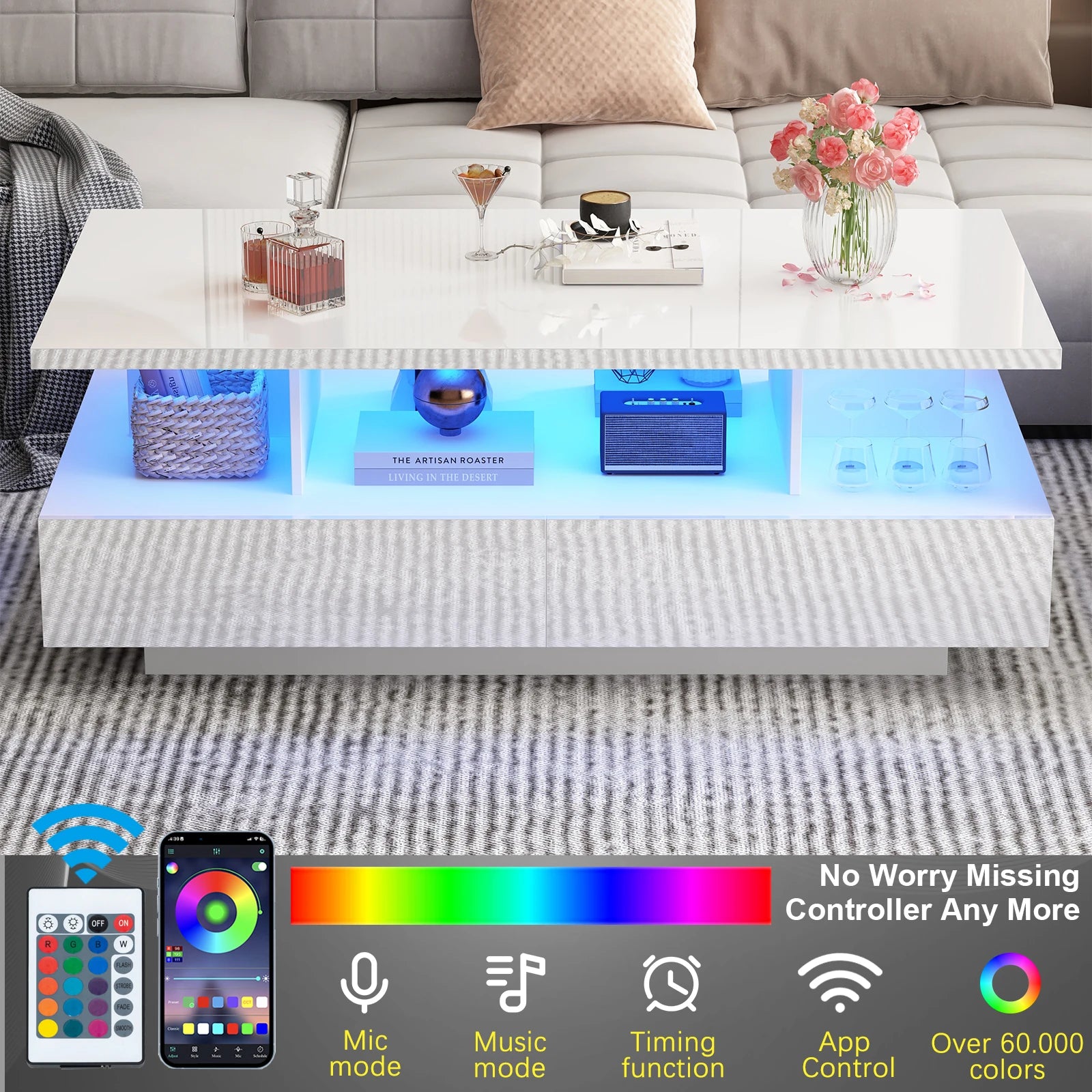 43” LED Coffee Table – Modern High-Gloss Rectangular Center Table with 2 Drawers & Display Shelf