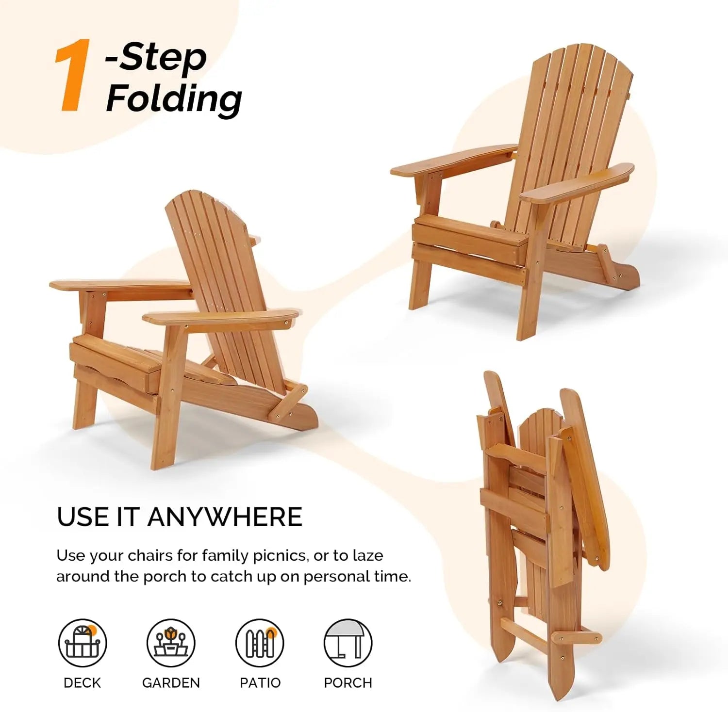 Folding Adirondack Chairs Set of 4, Wood Adirondack Chair for Outdoor, Foldable Fire Pit Chairs for Patio, BBQ, Porch, Yard,Pool