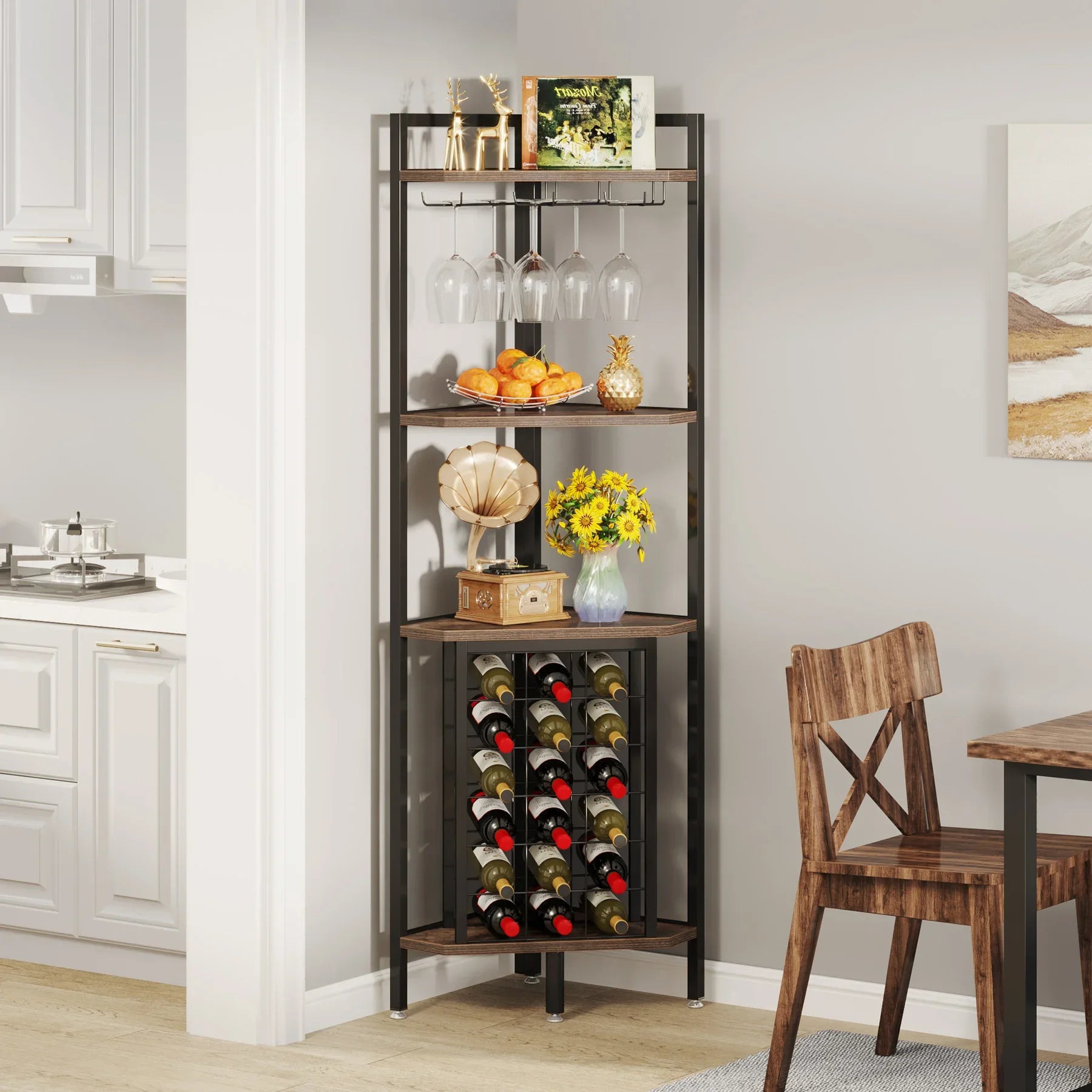 Tribesigns Wine Rack Bar Cabinet – 4-Tier Corner Shelf with Glass Holder
