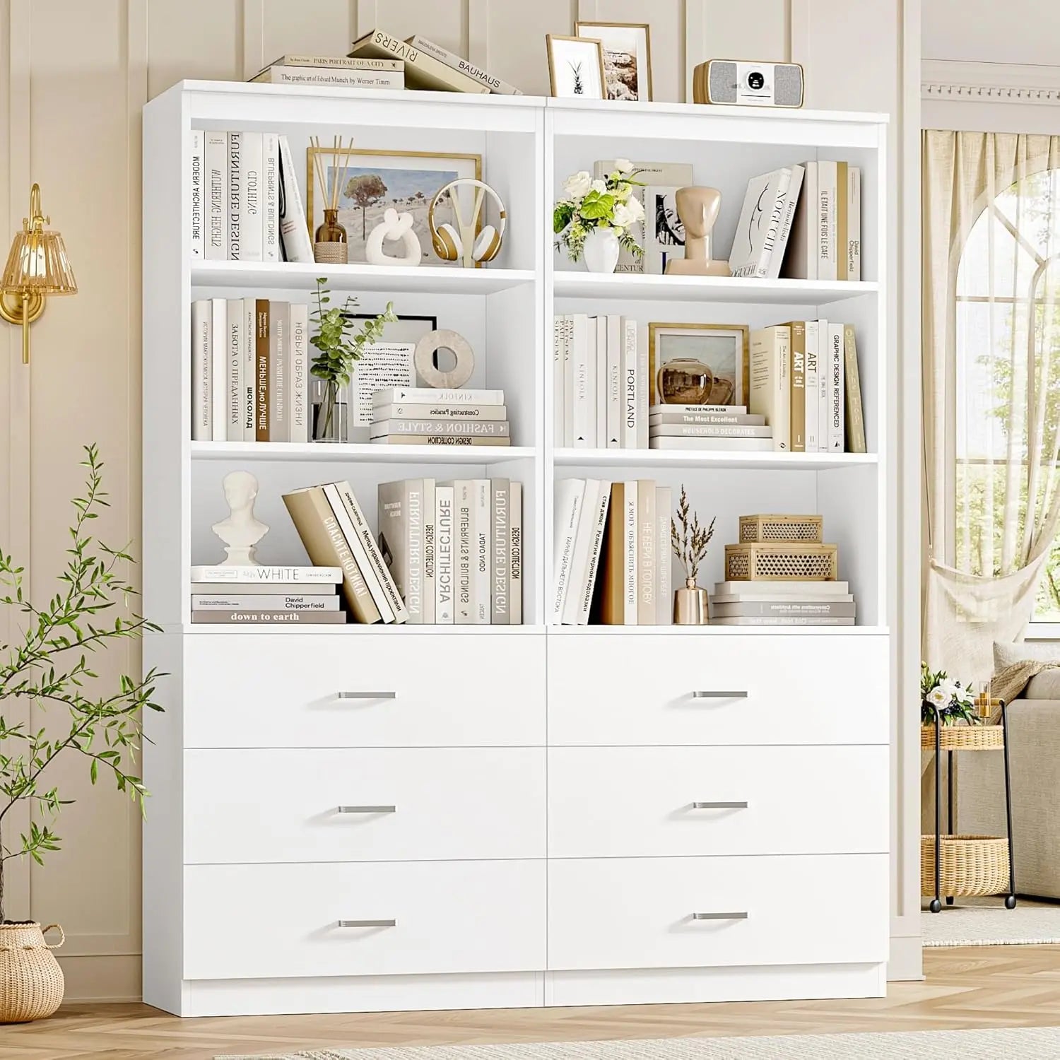 71' White 3-Tier Bookshelf with Drawers, Tall Storage Cabinet for Home Office