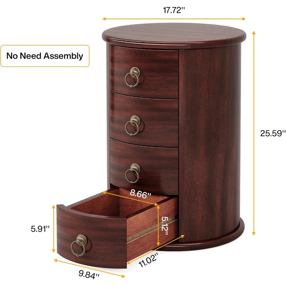 Solid Wood End Table, Round Side Table with 4 Drawers, Vintage Bedside Table Nightstand for Small Spaces, Living Room, Bedroom,