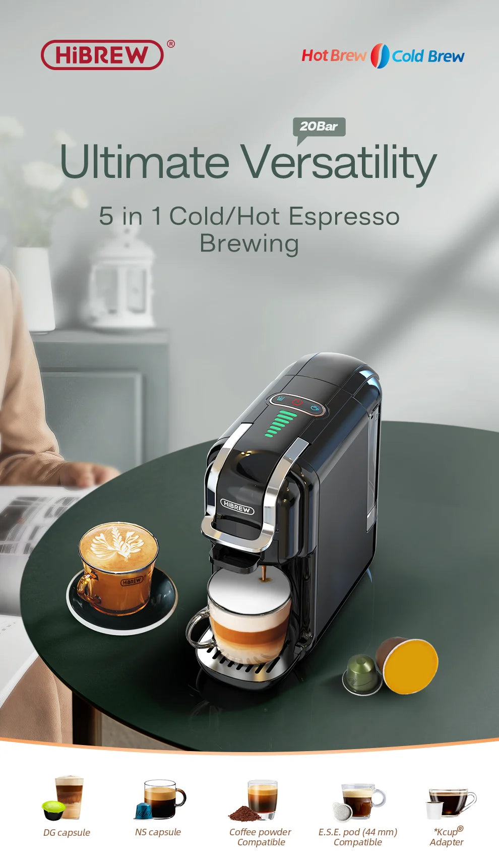 HiBREW 5-in-1 Multi-Capsule Coffee Machine – 20 Bar Hot & Cold Espresso Maker