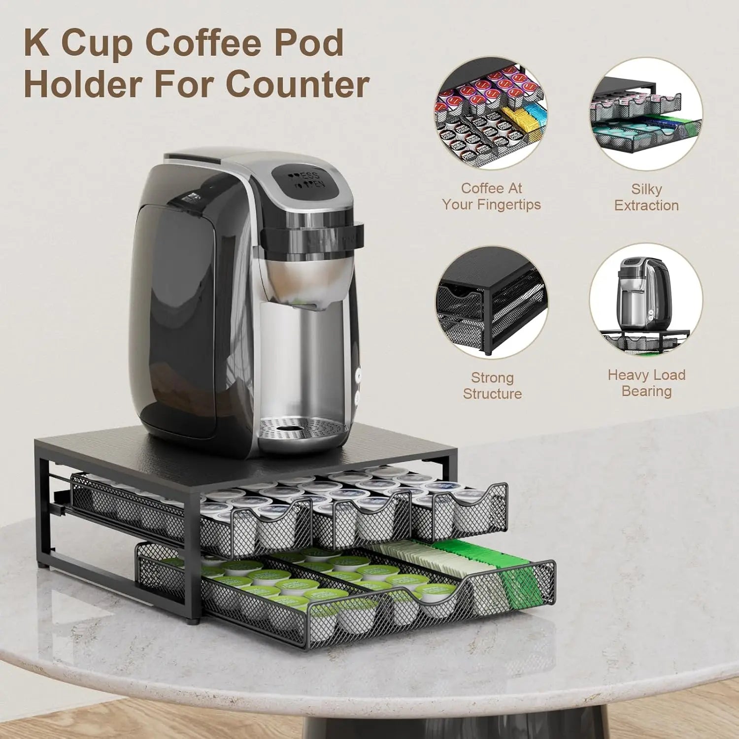 3-Pull-Out Coffee Pod Holder – 72 K-Cup Wooden Sliding Organizer (Black)