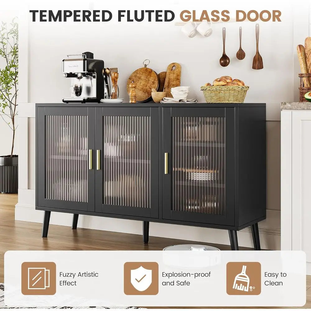 Black Kitchen & Dining Sideboard with Fluted Glass Doors and Storage Drawers