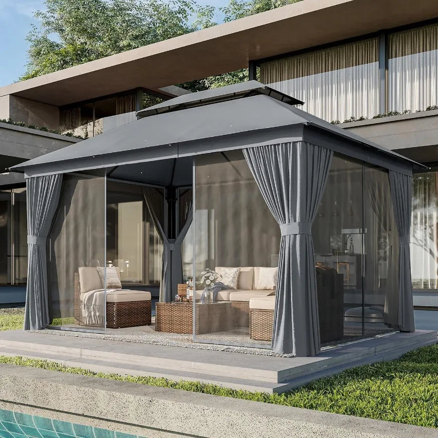 Outdoor Gazebo for Patio 10x12 Metal Frame Canopy with Double Roofs Heavy Duty Party Tent and Shelter with Mosquito Netting and