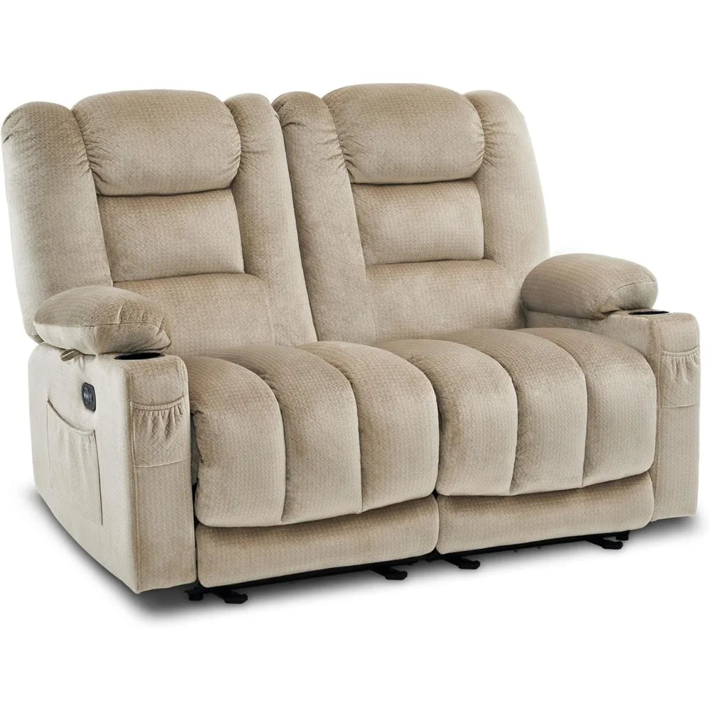 55.9" Power Loveseat Recliner with Heat and Vibration, Fabric Electric Loveseat Recliner, USB Charge Port, Cup Holders for Livi