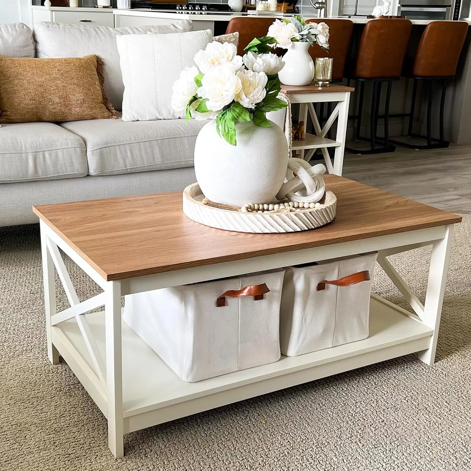 Farmhouse Coffee Table with Storage – Modern 2-Tier Center Table Set