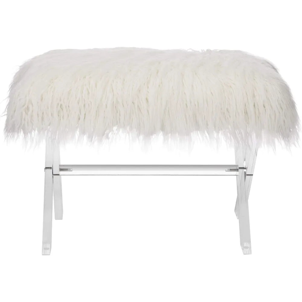 White Faux Fur Ottoman Bench – Modern Footrest with Acrylic Legs