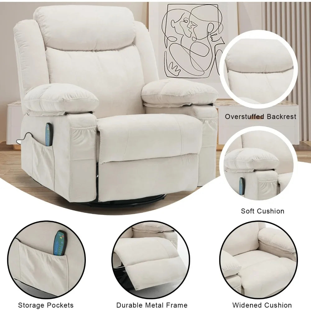 Massage Rocker Recliner Chair with Heat for Adult, Fabric Overstuffed Swivel Recliners Single Sofa Reclining Rocking Manual Home