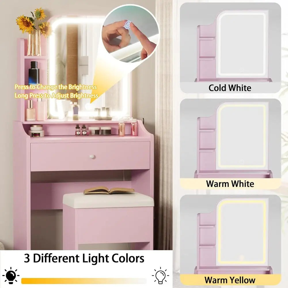 LIKIMIO Small Makeup Vanity Desk with Mirror and Lights, Vanity Table Set with Storage Drawer, Chair and Three Shelves, Bedroom