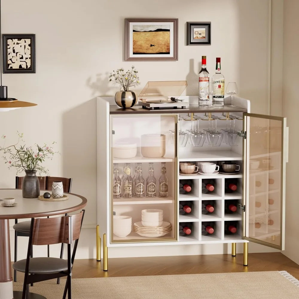 Modern White Coffee Bar Cabinet – Aluminum Frame Glass Door Wine & Liquor Sideboard