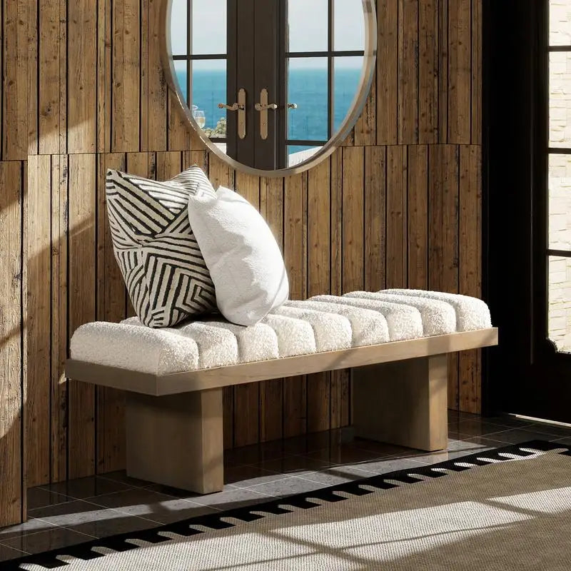 52-Inch Upholstered Modern Accent Bench in Ivory White Boucle Fabric