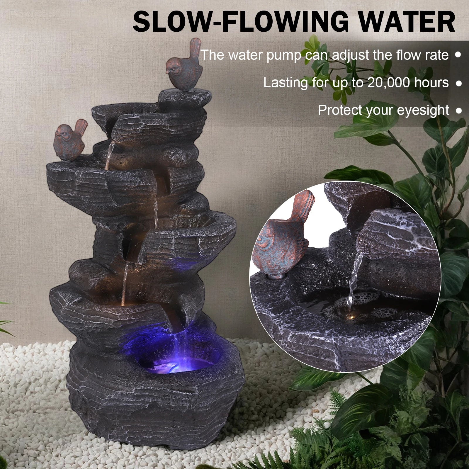 Cascading Rock Water Fountain with LED Lights Resin Stone Imitation Waterfall Tabletop Water Fountain for Home and Office Decor