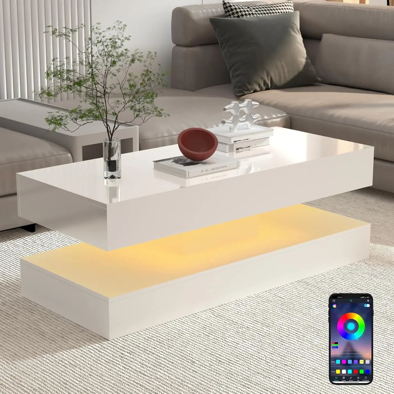 Modern LED Coffee Table with Double-Layer Design & Dual Storage Drawers