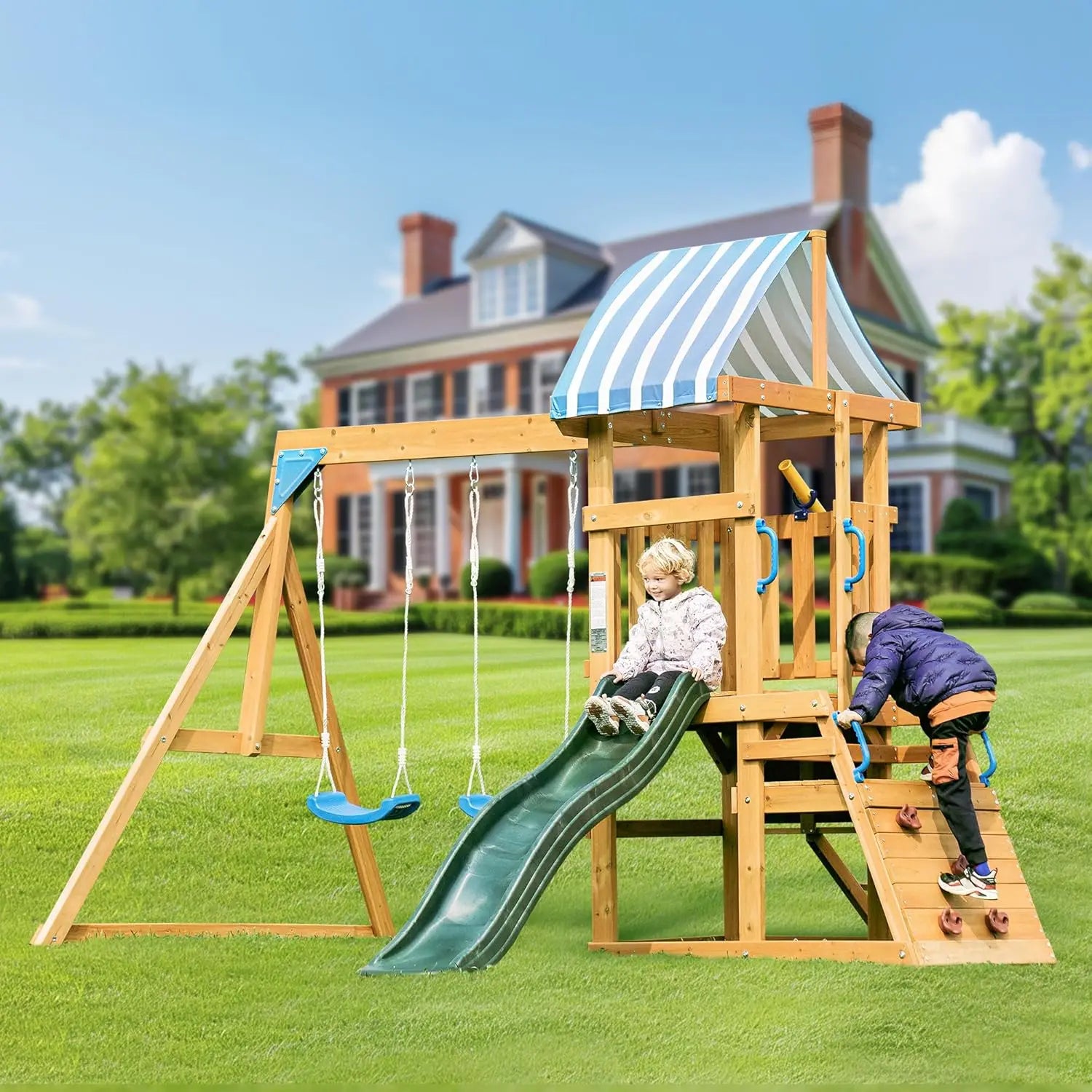 Robotime Robud Wooden Swing Set – Backyard Playset with Slide, Climbing Wall & Fort