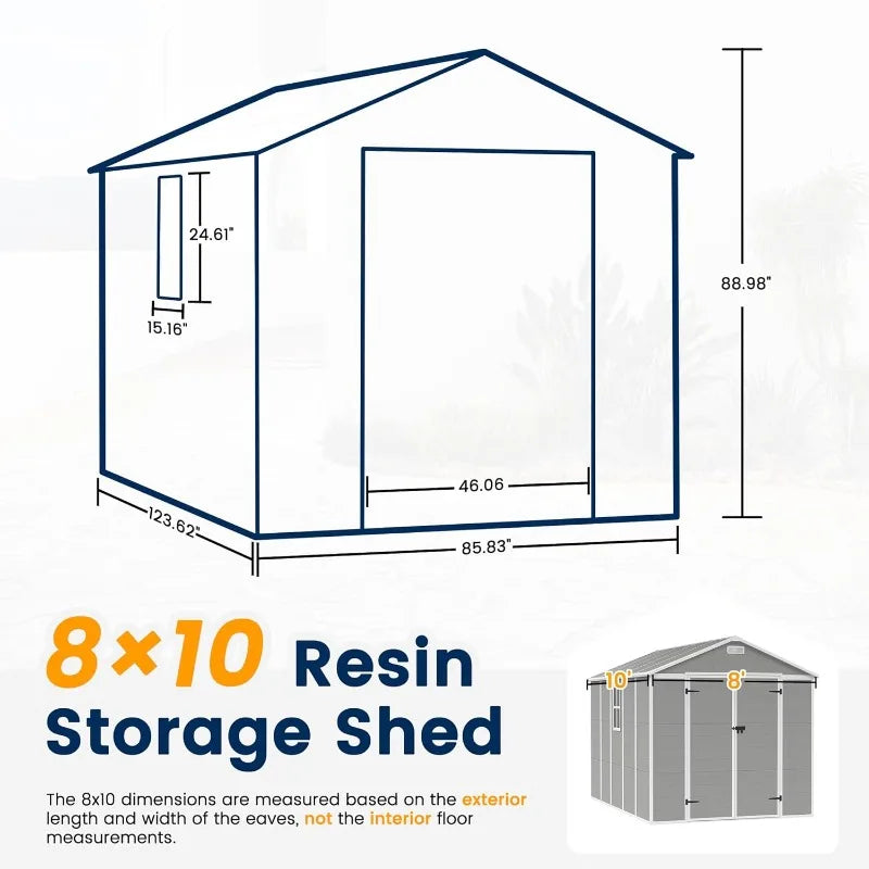 Storage Shed 8 x 10 FT, Resin Outdoor Garden Sheds with Floor Plastic Patio Outdoor Storage with Lockable Door for Tool, Bike