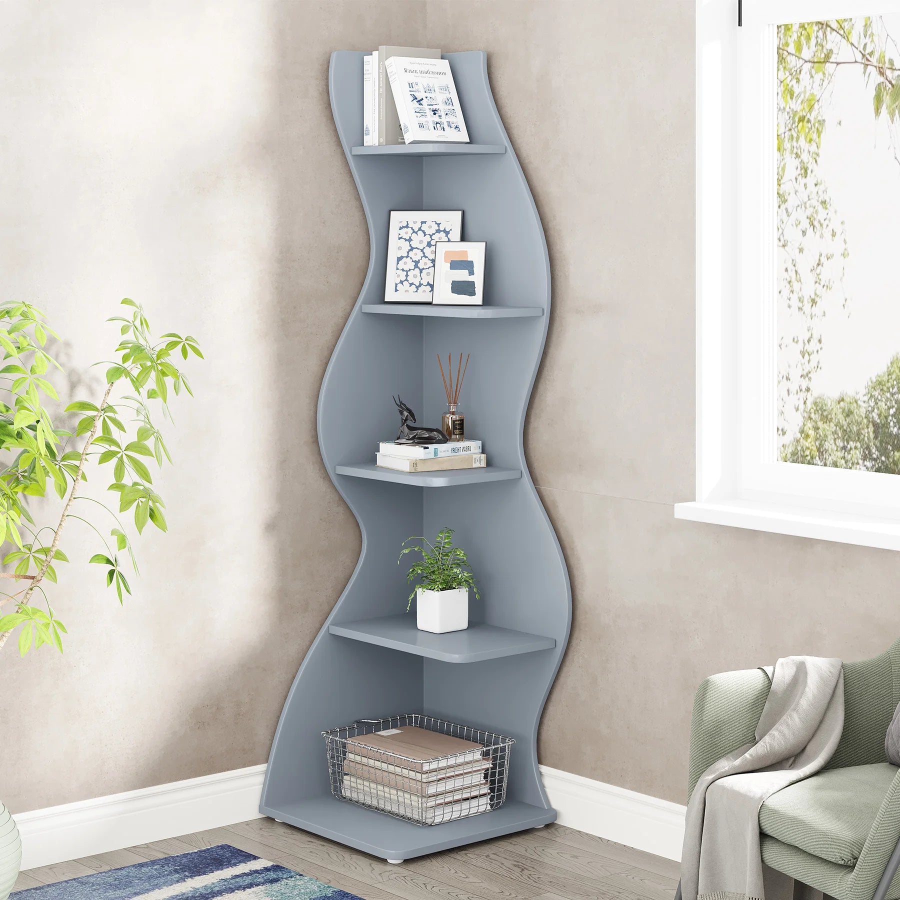 Tribesigns Modern 5-Tier Corner Bookshelf – Wall Corner Storage Rack & Plant Stand