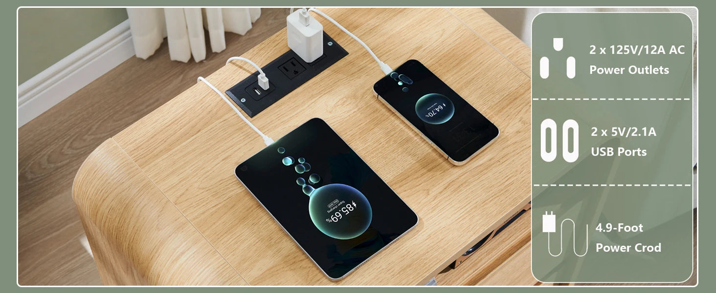 25" Tall Modern Nightstand with Charging Station, 23.6'' Wide Wood Bedside Table w/2 Storage Drawers,for Bedroom, Living Room