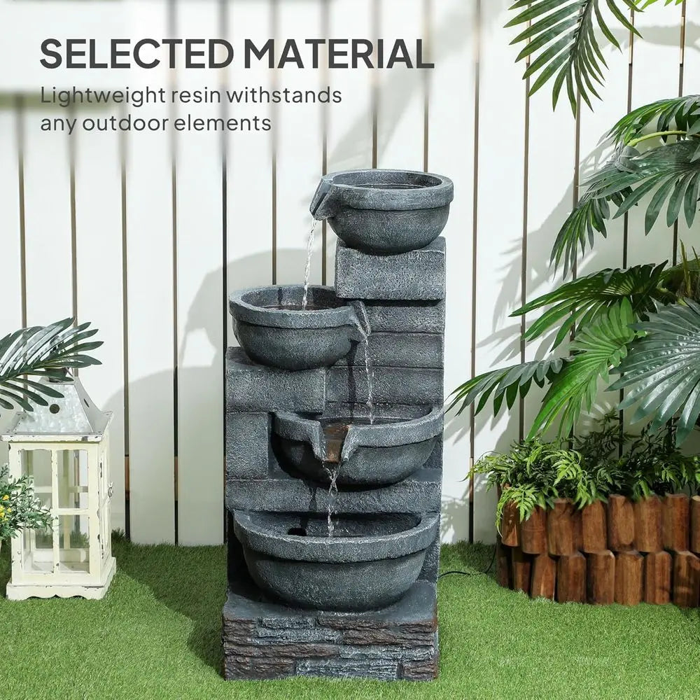 Gray 4-Tier Resin Outdoor Waterfall Fountain with LED Lights, 30 Tall, Cascading Bowls, Pump Included