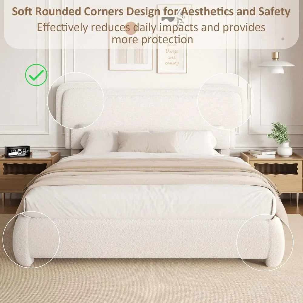 Queen Size Bouclé Upholstered Cloud Platform Bed Frame with Headboard – Soft Rounded Corners
