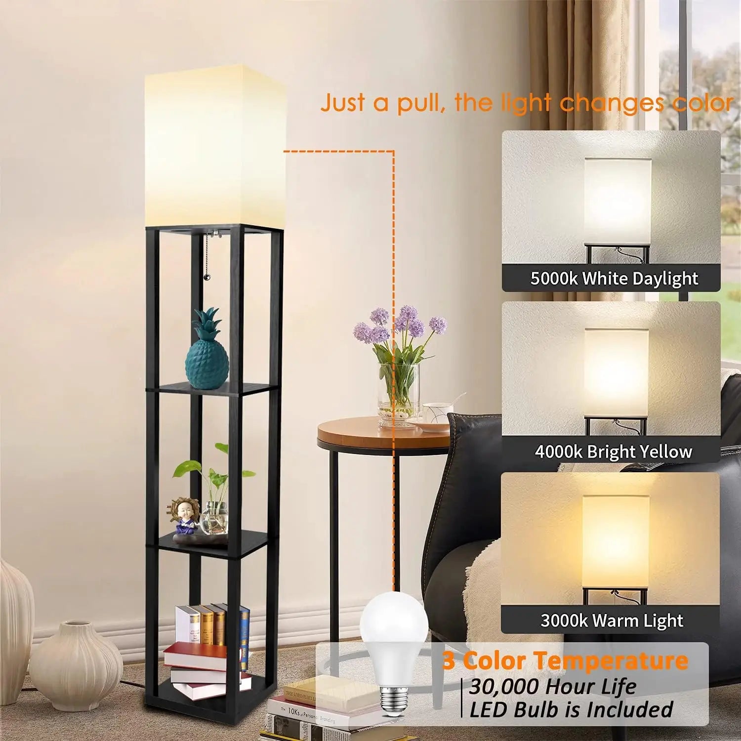 Floor Lamp with Shelves Modern Standing Shelf Lamp with 3 Color Temperature LED Bulb White Shade for Living Room Bedroom Office