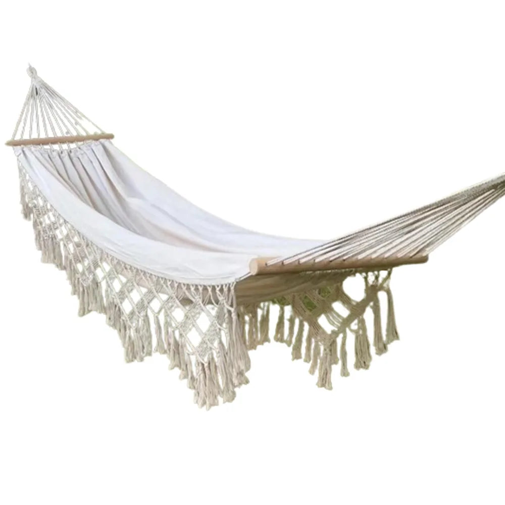Large Double Deluxe Hammock with Woven Tassels Hanging Bed 2 Person Hammock Thickened Boho Style Canvas Swing Chair Home