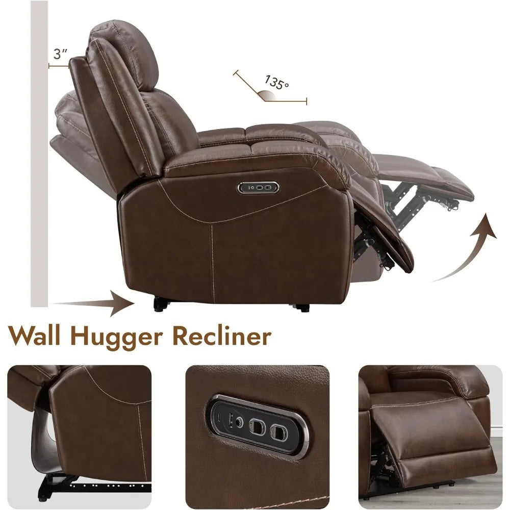 Genuine Leather Power Recliner Chairs for Adults, Wall Hugger RV Recliner with Power Headrest & Charging Ports,Electric Recliner