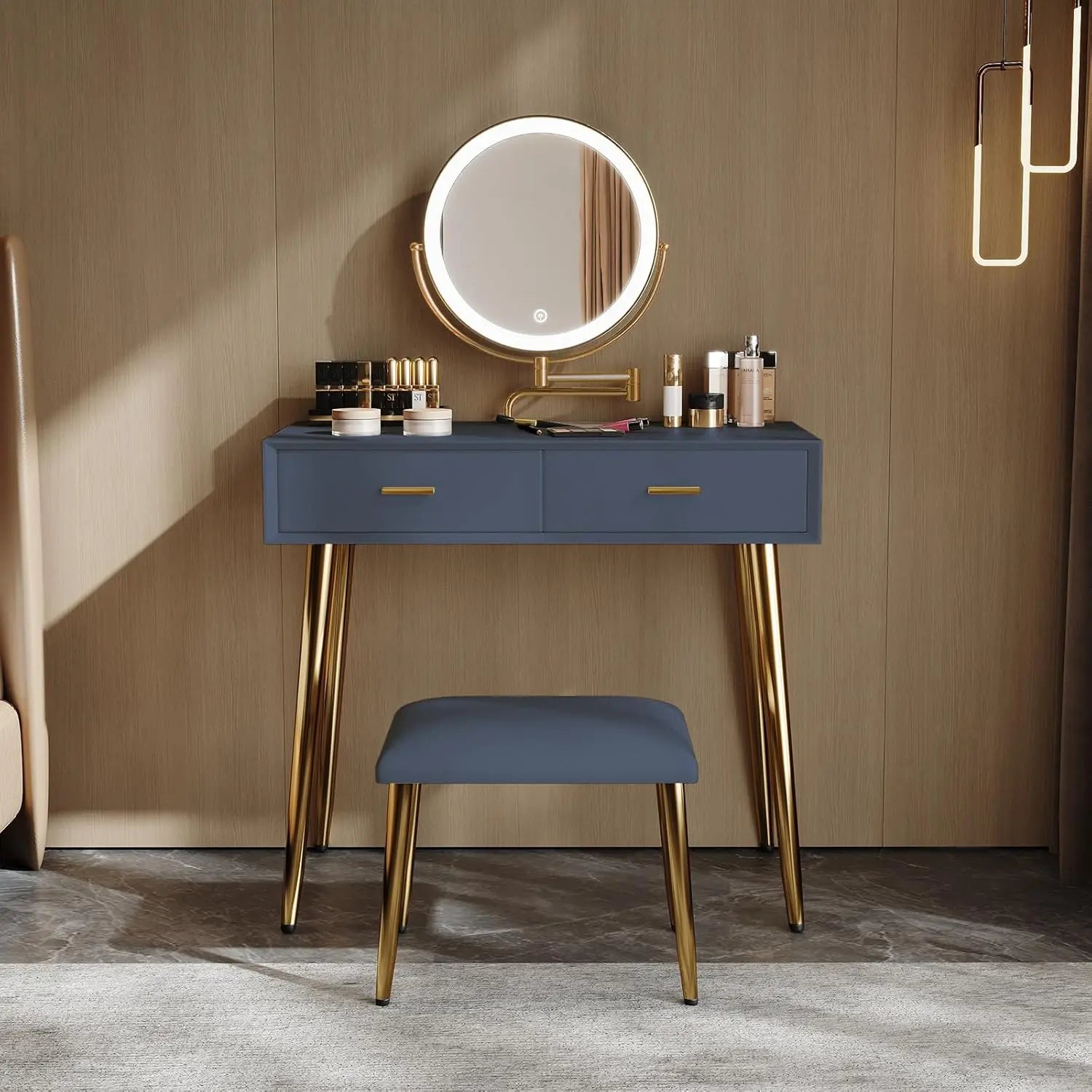Makeup Vanity Desk with Mirror and Lights, Small Vanity Table with 2 Drawers, Stool,Vanity Set for Bedroom with Microfiber