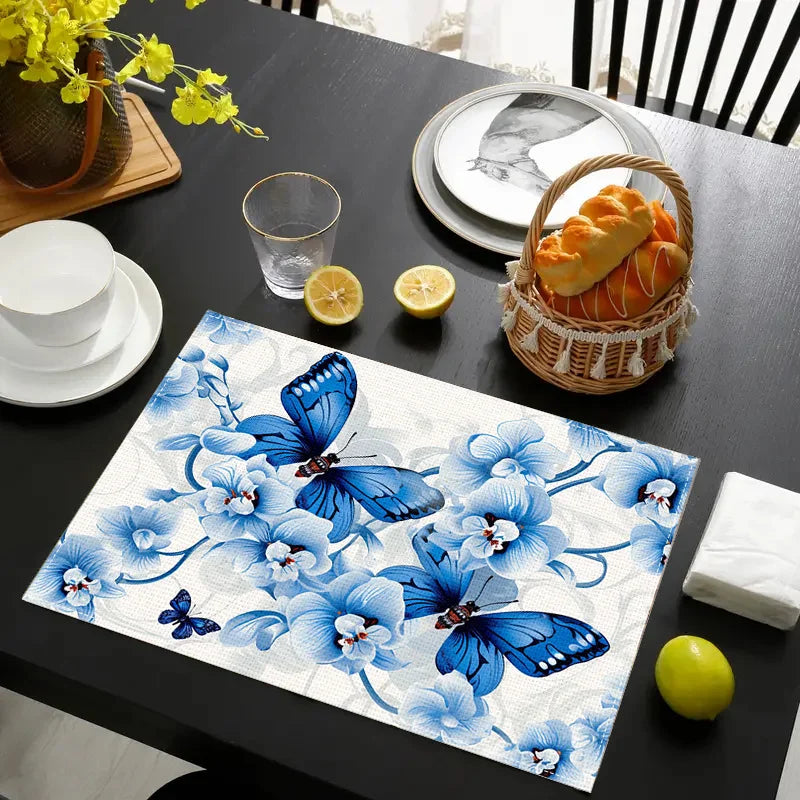 4pcs Creative and Butterfly Love Flower Printed Linen Placemats Make Your Restaurant Kitchen More Beautiful
