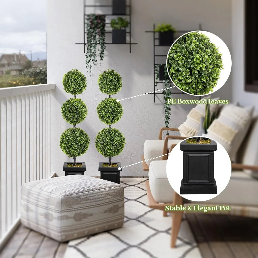 Artificial Outdoor Boxwood Topiary Trees Set of 2, Green All-Year Porch Trees, Durable Boxwood Plants for Year-Round Outdoor Use