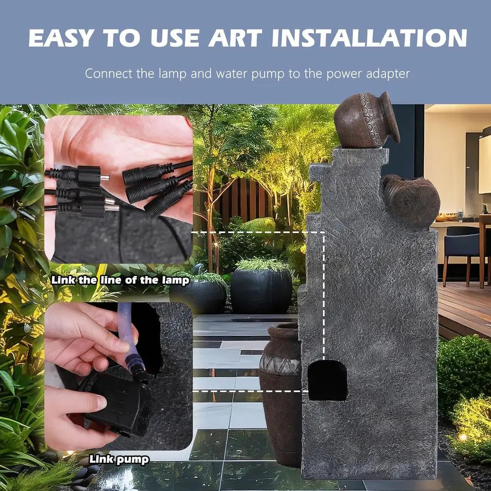 Outdoor Water Fountain, Garden Waterfalls Fountains with LED Lights, 6 Tier Modern Indoor/Outdoor Floor Standing Water Fountain