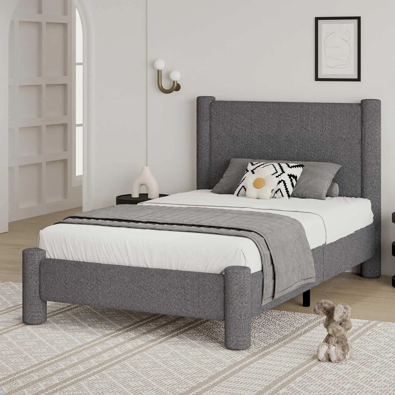 Twin Size Bouclé Upholstered Platform Bed Frame with Headboard & Footboard – Soft Rounded Corners