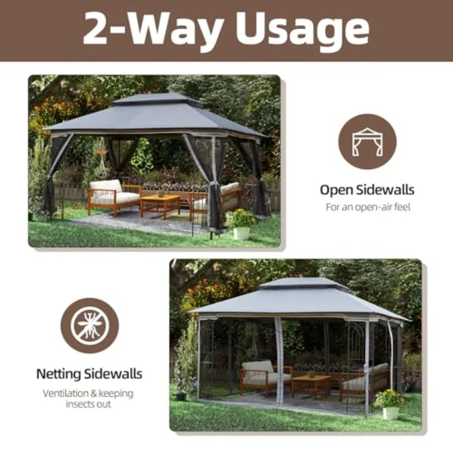 Outdoor Patio Gazebo 10'x13' Heavy Duty Canopy Tent with Metal Corner Frame Shelves Soft Double Roofs Party Tent Shelter with M