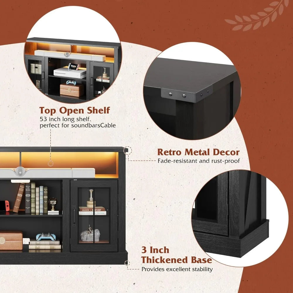 Farmhouse TV Stand for 65 Inch TV, Tall Entertainment Center with LED Lights & Storage Cabinets,